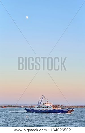 Floating On The Sea Ferry At Sunset