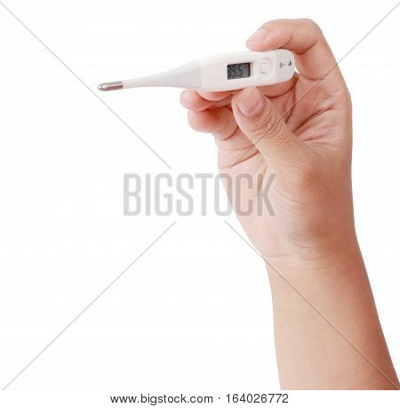 Close up of thermometer showing high temperature in a woman hand isolated on white background with clipping path Temperature measuring by a thermometer Fever measuring.
