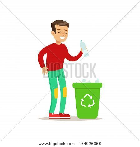 Boy Throwing Plastic Waste In Recycling Garbage Bin Smiling Cartoon Kid Character Helping With Housekeeping And Doing House Cleanup. Vector Illustration From Children Home Cleaning And Tiding Series.