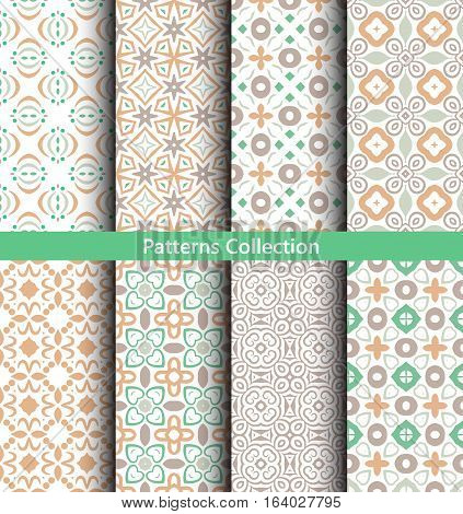 Green seamless patterns set. Elegant pastel ornament for wallpaper, fabric, paper, invitation print. Stylized damask vector background. Black and white flourish floral motif. Unusual vintage