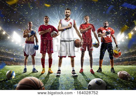 Boxing soccer football basketball volleyball players on grand arena