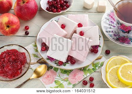 The tea party with pink and white lucum jam and lemon