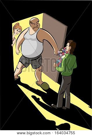 Young man meet father of his girlfrend. vector illustration