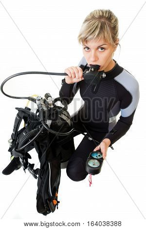 diver cheking pressure by manometer before dive. Isolated on white.