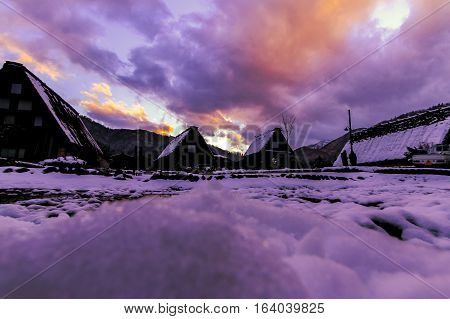 Shirakawa-Go with Snowfall Gifu Chubu Japan.The Historic Villages of Shirakawago are one of Japan's UNESCO World Heritage Sites.Shirakawago light-up with Snowfall Gifu Chubu Japan