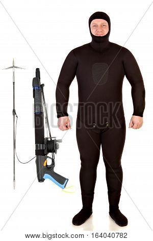 Smiling underwater hunter man and his speargun isolated on a white background