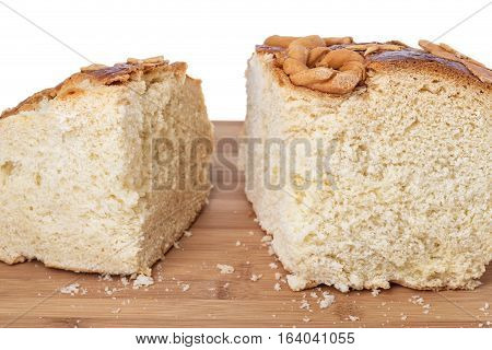 Traditional Ukrainian wedding bread called korovai or karavai with decorations