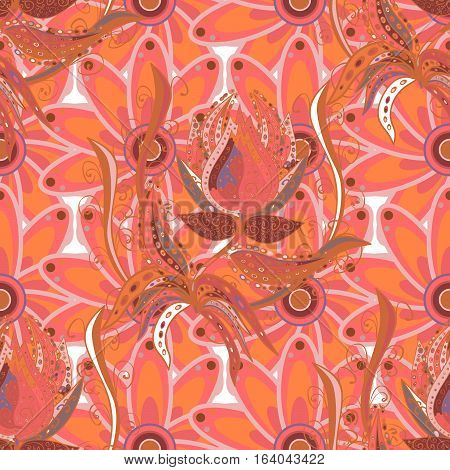 Seamless Creative Hand-drawn Pattern Of Stylized Flowers In Pale Orange Colors. Raster Illustration.