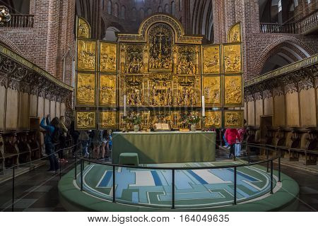 ROSKILDE, DENMARK - JUNE 26, 2016: This is altar of the cathedral in Roskilde - Denmark main cathedral the tomb of Danish kings.