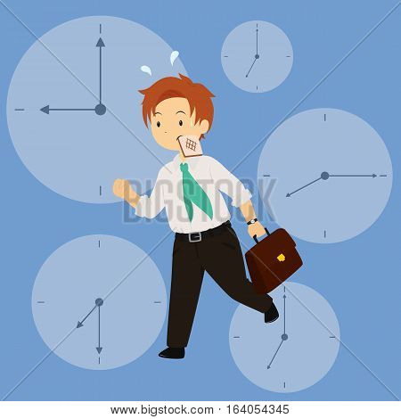 Vector illustration of a business man in hurry for work in rush hour with a toast in his mouth. clock background.