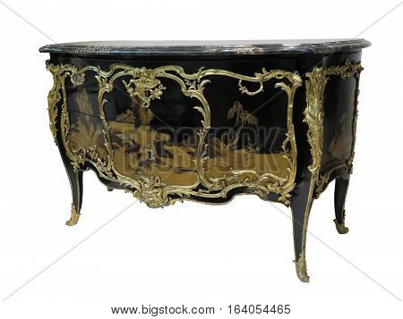 Antique Chest Of Drawers Known As Commode Wood Inlaid Ormolu Furniture Isolated On White