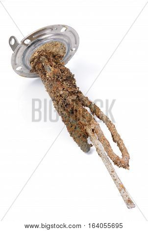 heating element of water heater with scum and sediment isolated on white background