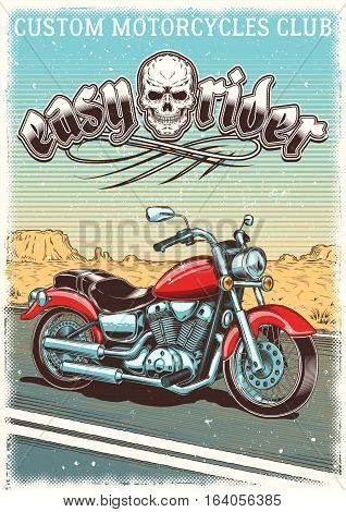 Vector grunge illustration of vintage motorcycle on the background of the desert