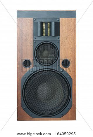 Big three ways Hi-Fi loud speaker system with black metal grills and solid wood finish isolated on white closeup. Vertical photo