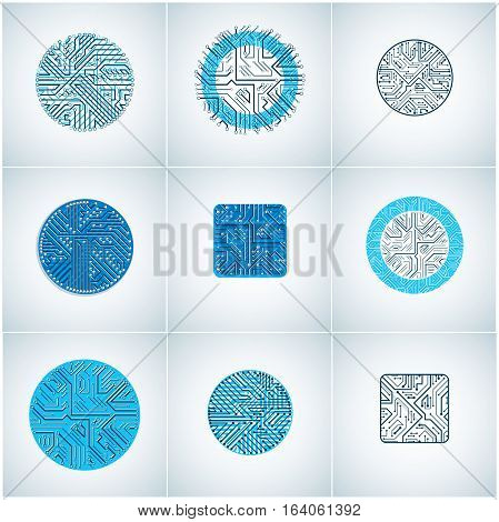 Set Of Vector Technology Cpu Designs With Square And Circular Blue Microprocessor Schemes. Computer