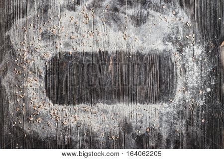 Baking Desk With Flour, Top View, Space For Text
