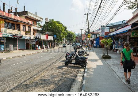 Pokhara, Nepal - October 20: Main shopping street in Pokhara, on October 20 2015 in Pokhara Nepal.