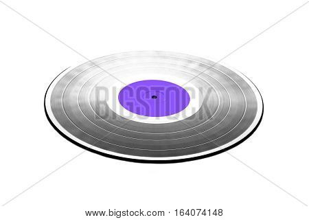 Single black long-play 33RPM vinyl record with purple label isolated on white background. Front view to perspective