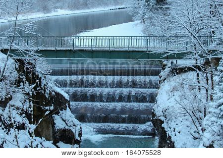 The view of Lechfall in winter time. Fussen. Germany.