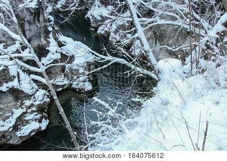 The view of the gorge on the Lech river in winter time. Fussen. Germany.