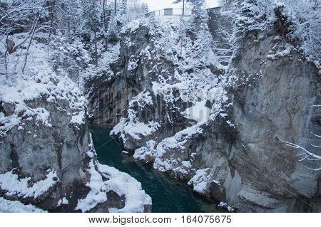 The view of the gorge on the Lech river in winter time. Fussen. Germany.