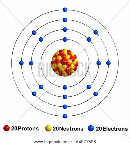 3d render of atom structure of calcium isolated over white background Protons are represented as red spheres neutron as yellow spheres electrons as blue spheres