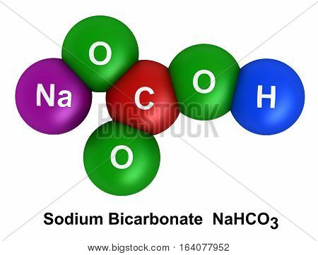 3d render of molecular structure of sodium bicarbonate isolated over white background Atoms are represented as spheres with color and chemical symbol coding: hydrogen(H) - blue oxygen(O) - green carbon(C) - red sodium(Na) - violet