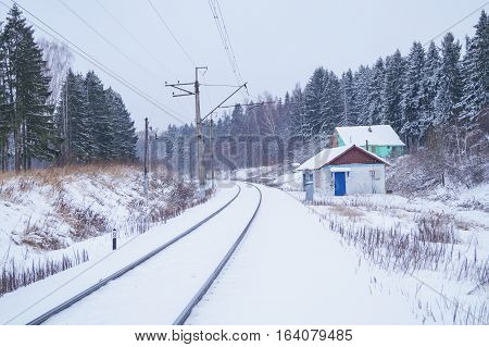 Winter rural landscape. Beautiful narrow gauge railway through snowy trees