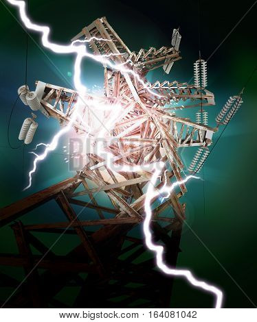 Power Transmission Line. Lightning strike. 3D illustration. 3D rendering