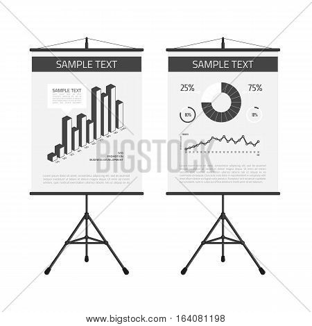 Presentation screen with infographic elements. A board with information, scheme, stock lines and round chart.