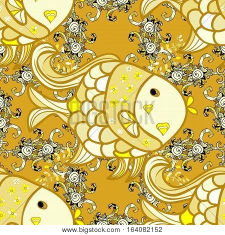 Drawn Cartoon Fish Seamless Pattern Nautical Vector Background. Abstract Yellow Fish In A Row On A Y