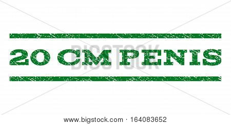 20 cm Penis watermark stamp. Text caption between horizontal parallel lines with grunge design style. Rubber seal green stamp with scratched texture. Vector ink imprint on a white background.