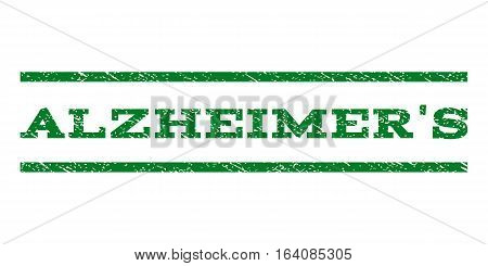Alzheimer'S watermark stamp. Text caption between horizontal parallel lines with grunge design style. Rubber seal green stamp with unclean texture. Vector ink imprint on a white background.