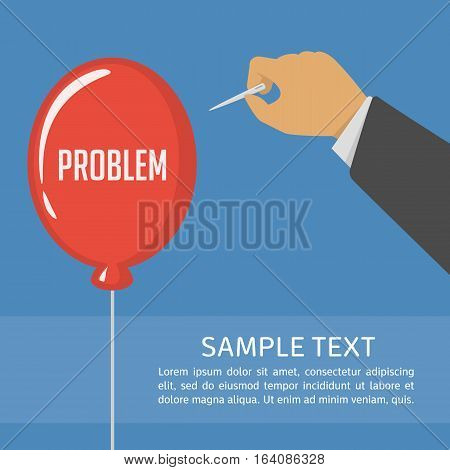 Man holding needle and bursts red balloon with the text problem. Easiest way to get rid of the problems concept. Vector illustration in flat style.