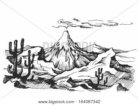 Vector sketch landscape volcanic eruption. Cacti and rocks. Mexico. Stock Illustration.