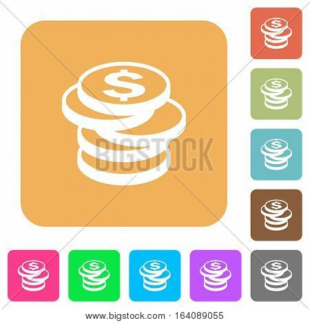 Dollar coins icons on rounded square vivid color backgrounds.
