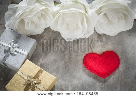 Valentine's Day Background,red Heart With Red White Rose ,ribbon