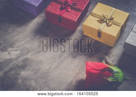 Valentine's Day Background,red Heart With Red White Rose ,ribbon And Present Box