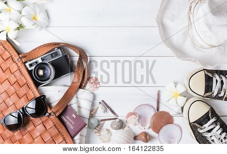 Prepare Accessories And Travel Items On White Wooden Background