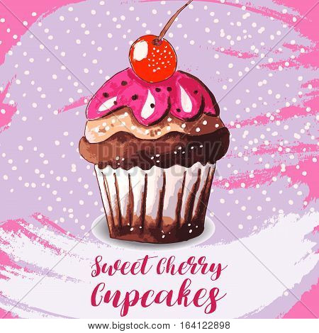 Hand drawn of tasty Cupcake with Cherry. Watercolor vector illustration.