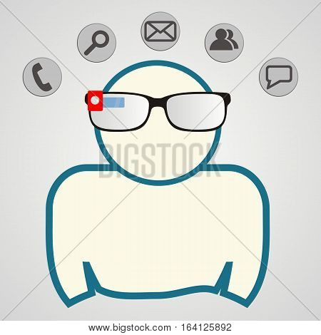 man with smart glasses. Communication technology. Gray background.  Vector illustration.