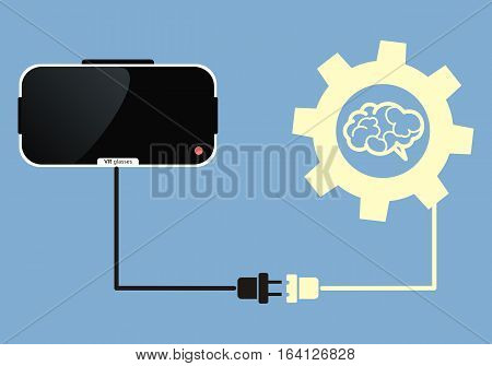 virtual reality glasses connect to brain. communication technology. Vector illustration.