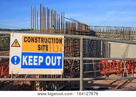 road construction site sign and bridge foundation
