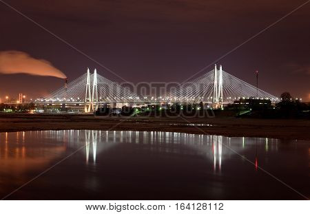 Cable-stayed bridge with illumination across the Neva River in St.Petersburg Russia.