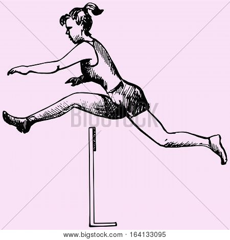 Professional female hurdler in action doodle style sketch illustration hand drawn vector