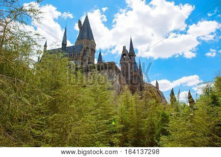 ORLANDO, FL-APRIL 19 2016: Hogwarts Castle, home to Harry Potter and the Forbidden Journey attraction Orlando USA
