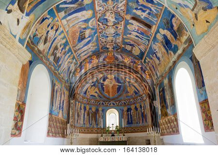 Unique Romanesque frescoes in a Swedish church. Scenes from old and new Testament. Mars 19, 2012, Bjaresjo, Sweden