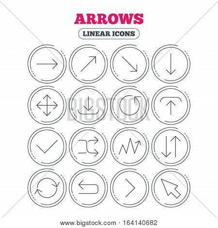 Arrows line icons. Download, upload, check or tick symbols. Refresh, fullscreen and shuffle thin outline signs. Circle flat buttons with linear icons. Vector