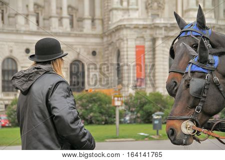 The driver looks at the two horses