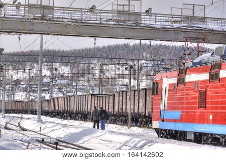 MURMANSK RUSSIA - March 27.2009: Freight trains at a railway station of the city of Murmansk